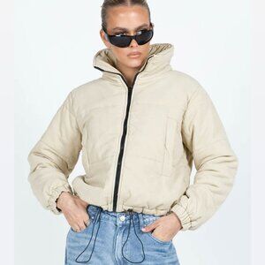 Princess Polly 'Polly' Corduroy Puffer Jacket in Beige Size US 4